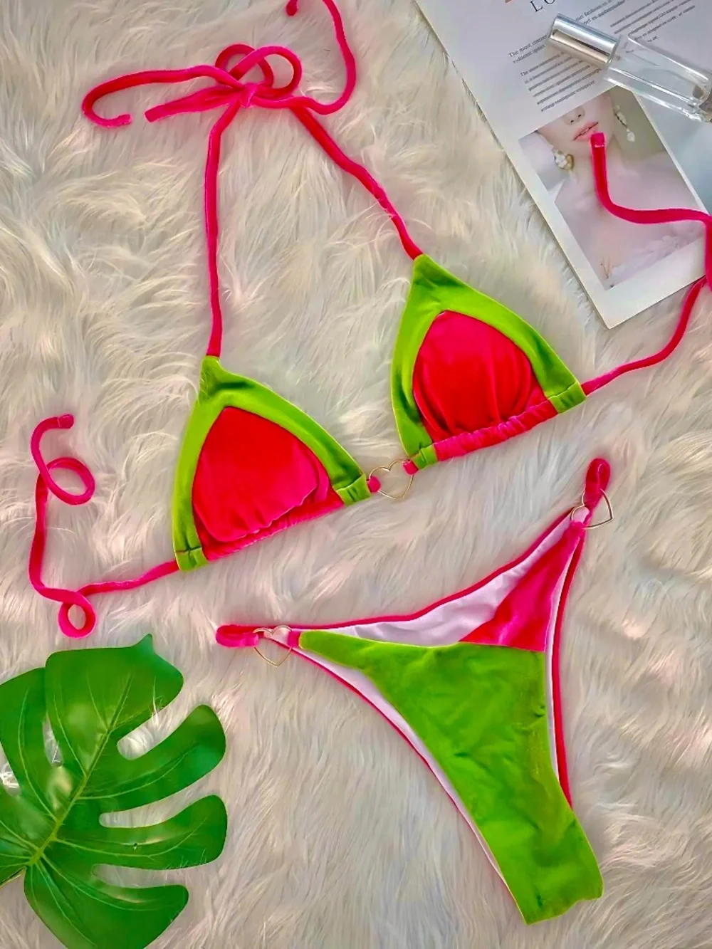 Hot Pink Lime Green Velvet Micro Bikini Set | Size M